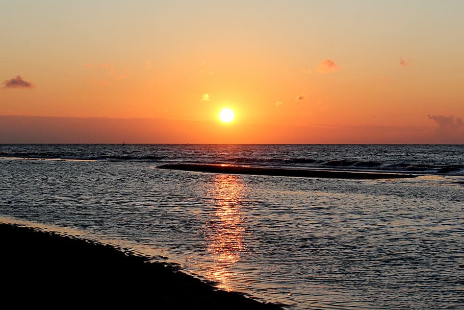 Sunset, Sea, Beach, Evening, evening sky, setting sun, horizon HD wallpaper