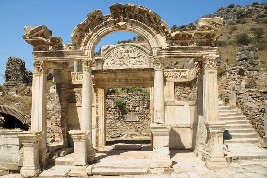 concrete ruins, ephesus, ancient, turkey, hadrian, temple, archaeological