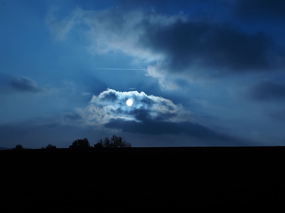 cloud, sunset, blue, blue hour, field, horizon, sky, weather HD wallpaper