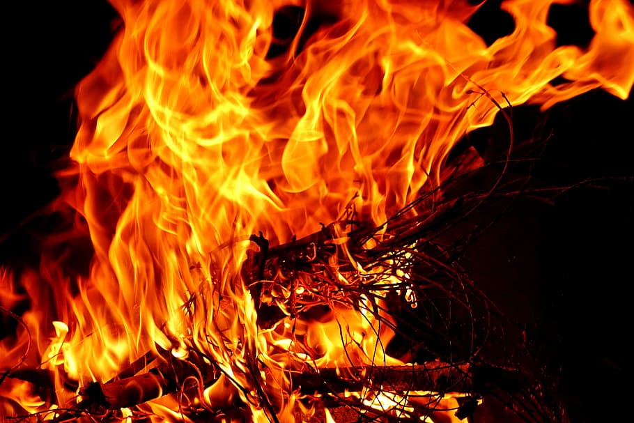 burning wood in the dark, fire, flame, carbon, hot, mood, campfire HD wallpaper
