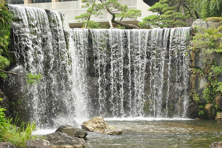 waterfall, nature, garden, motion, flowing water, long exposure HD wallpaper