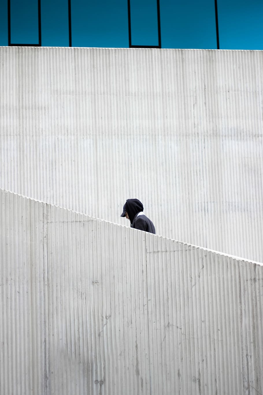 person in black cap and hoodie, man walking on stair, architecture, HD wallpaper