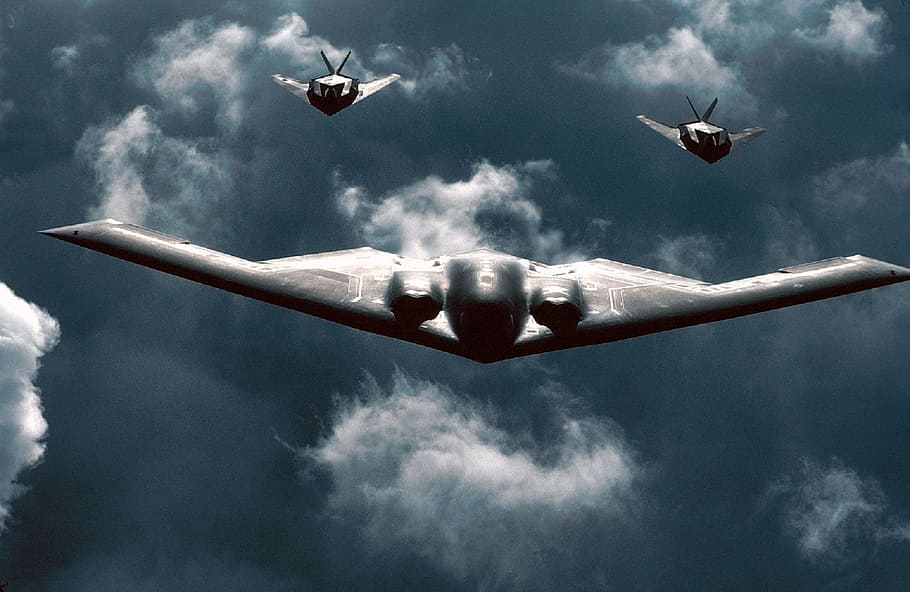 three stealth bombers, military, aircraft, airplanes, b2, f-117
