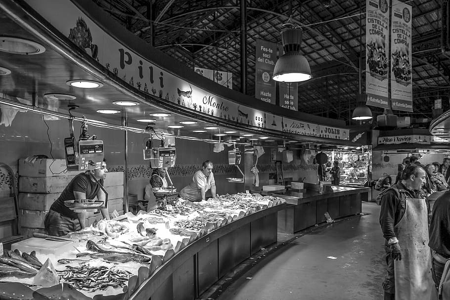 grey scale photography of Market Place, fish market, seafood, HD wallpaper