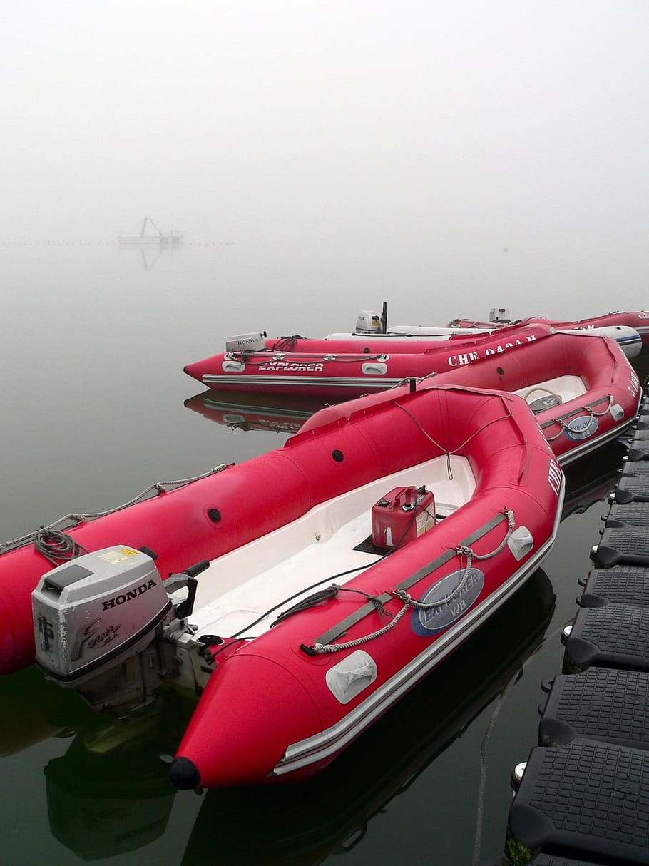 speedboat, engine, red, fog, transportation, water, mode of transportation HD wallpaper