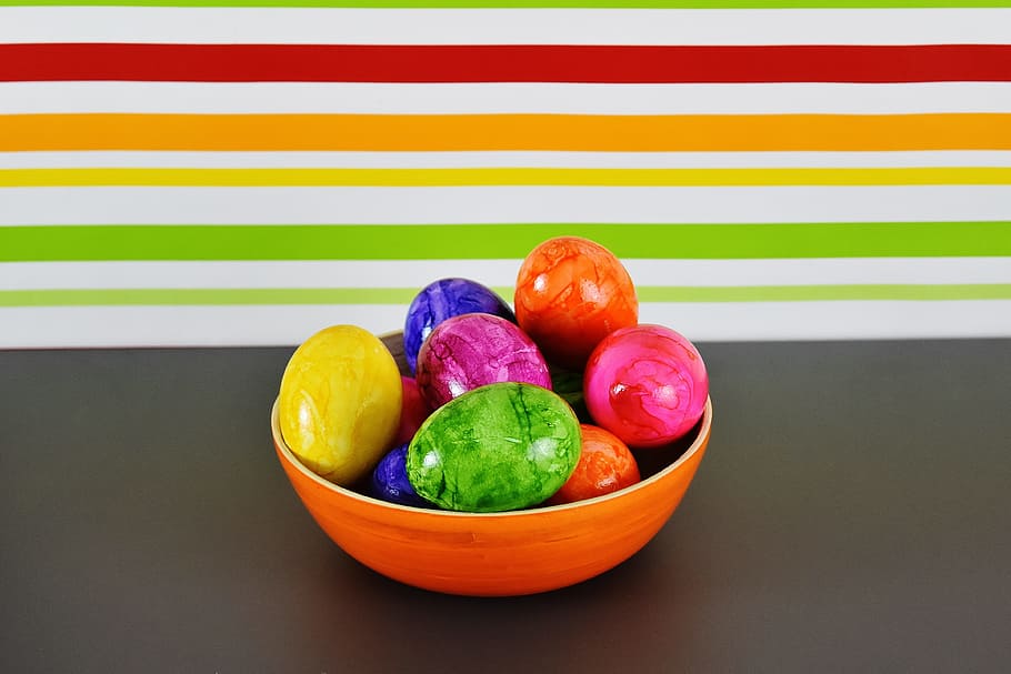 Easter eggs with brown bowl, Colorful, Happy Easter, colored HD wallpaper