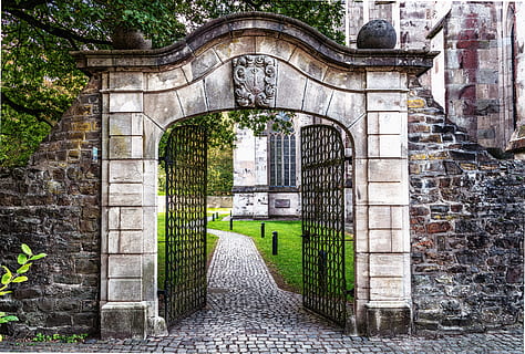 white concrete arc entrance with black metal gate, goal, portal HD wallpaper