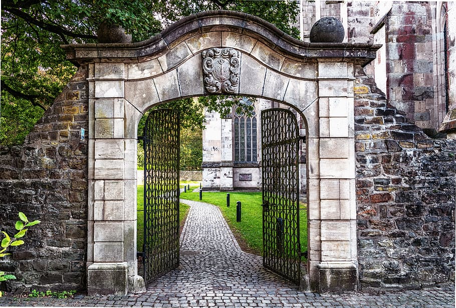 white concrete arc entrance with black metal gate, goal, portal HD wallpaper
