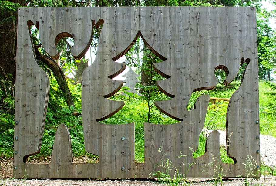 gray wooden board, symbol, nature, forest, human, together HD wallpaper