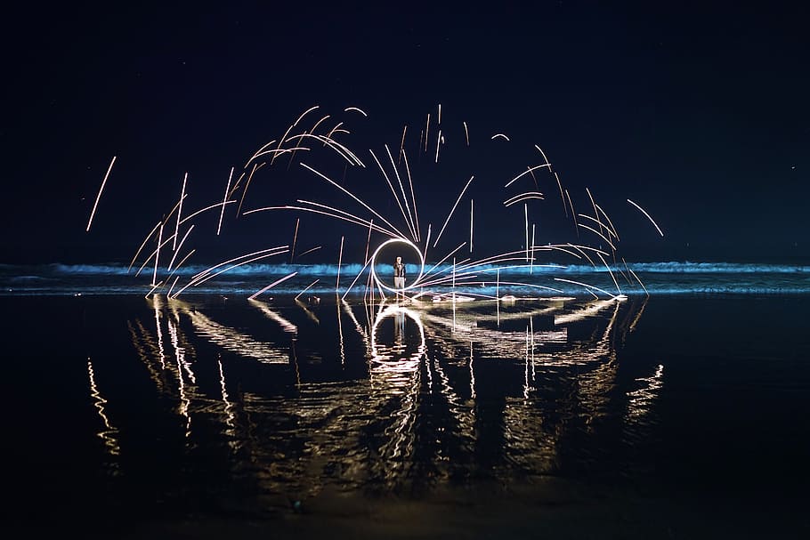 fire dancer digital wallpaper, fire dance near body of water HD wallpaper