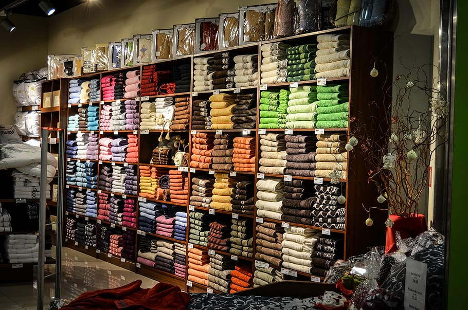 assorted-color clothes lot in shelves, sweaters, clothing, exhibition HD wallpaper
