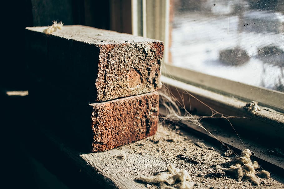Untouched, two brown bricks, cobweb, dust, window, window sill HD wallpaper