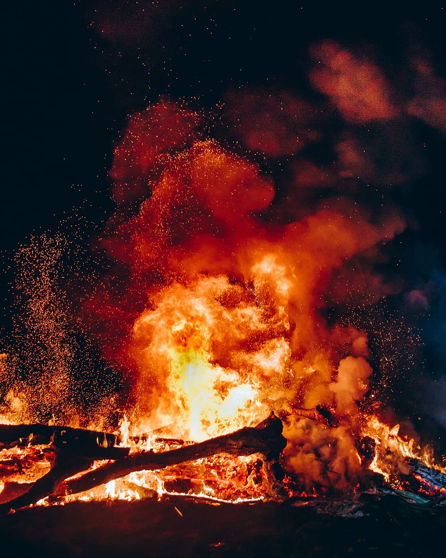 fire with black smoke during night, bonfire, orange, hot, wood HD wallpaper