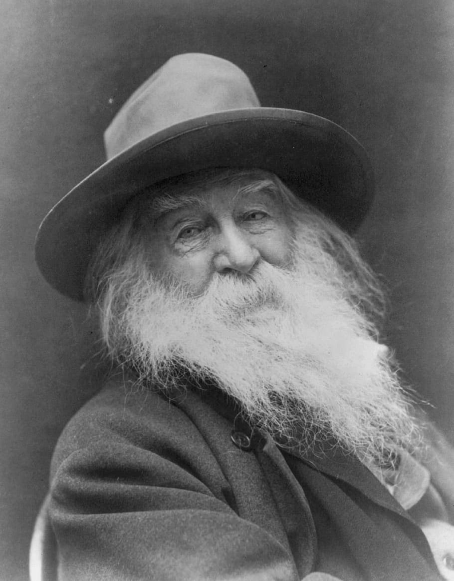grayscale photo of man wearing wide brim fedora hat, walt whitman
