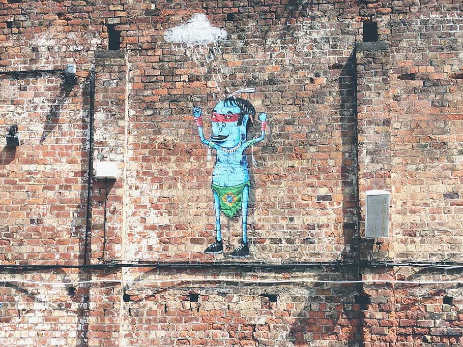 illustration of man in green bottoms, man graffiti, brick, art HD wallpaper