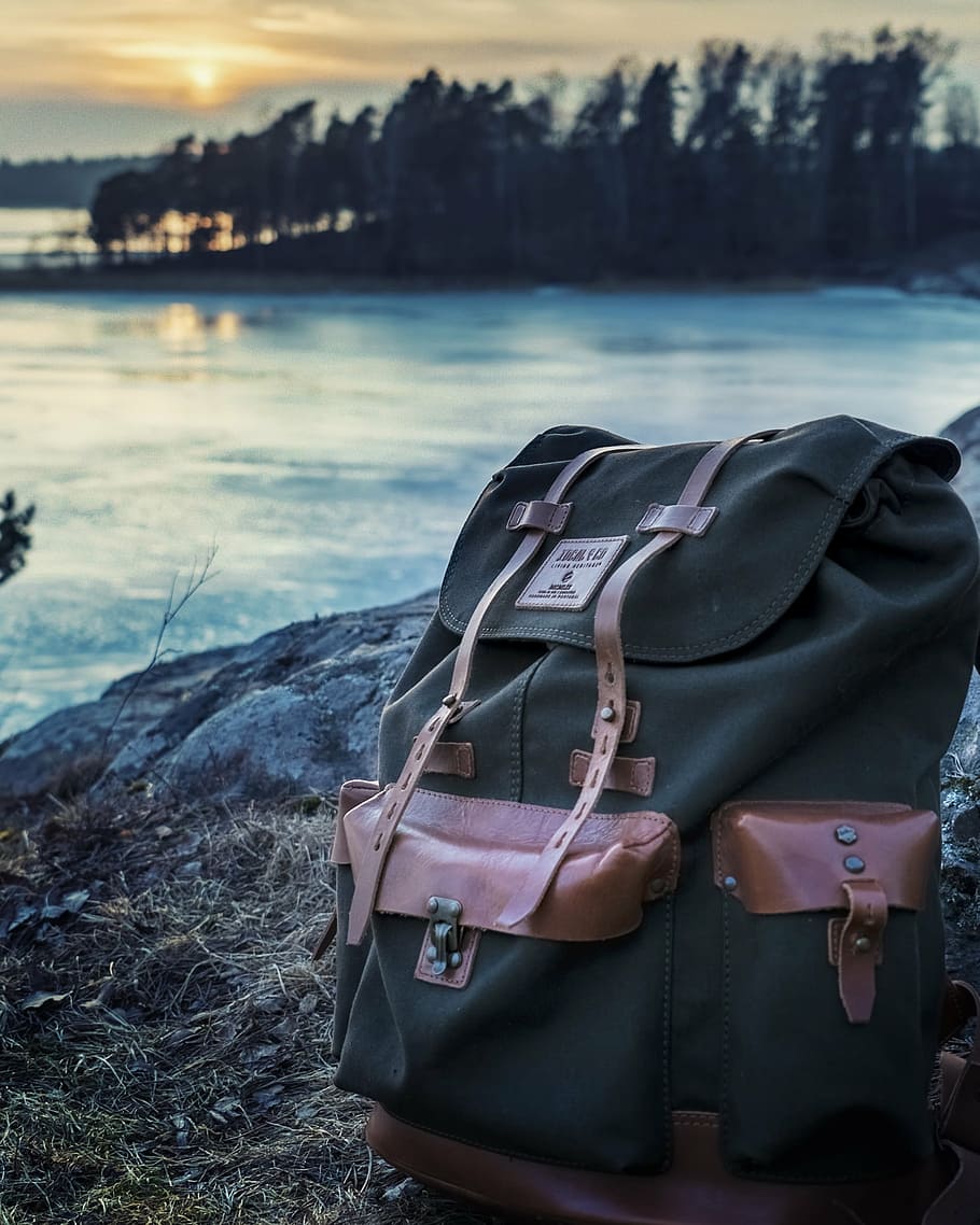 brown and black backpack, bag, lake, river, trees, water, outdoors HD wallpaper