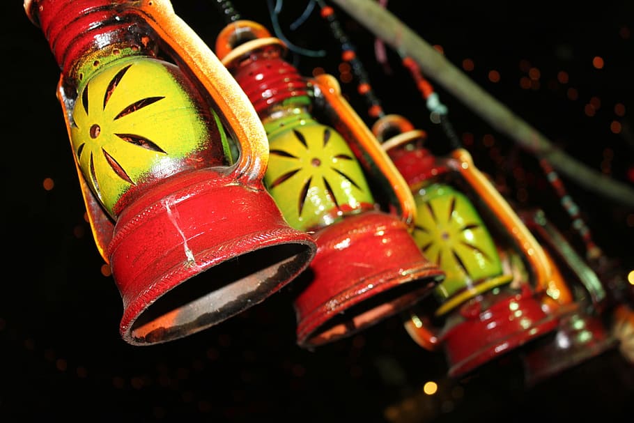 Yellow, Lamp, Lantern, Colorful, red, clay, terracotta, lanterns HD wallpaper