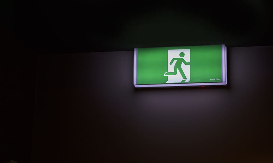 Fire Exit signage, green exit signage, symbol, copy space, indoors HD wallpaper