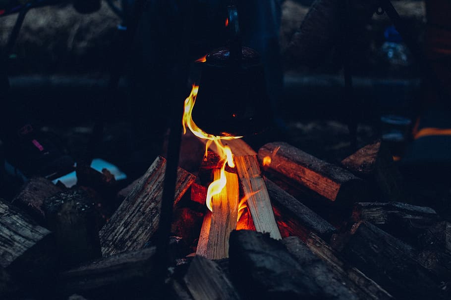 bonfire, flames, wood, logs, camping, outdoors, night, heat - temperature HD wallpaper