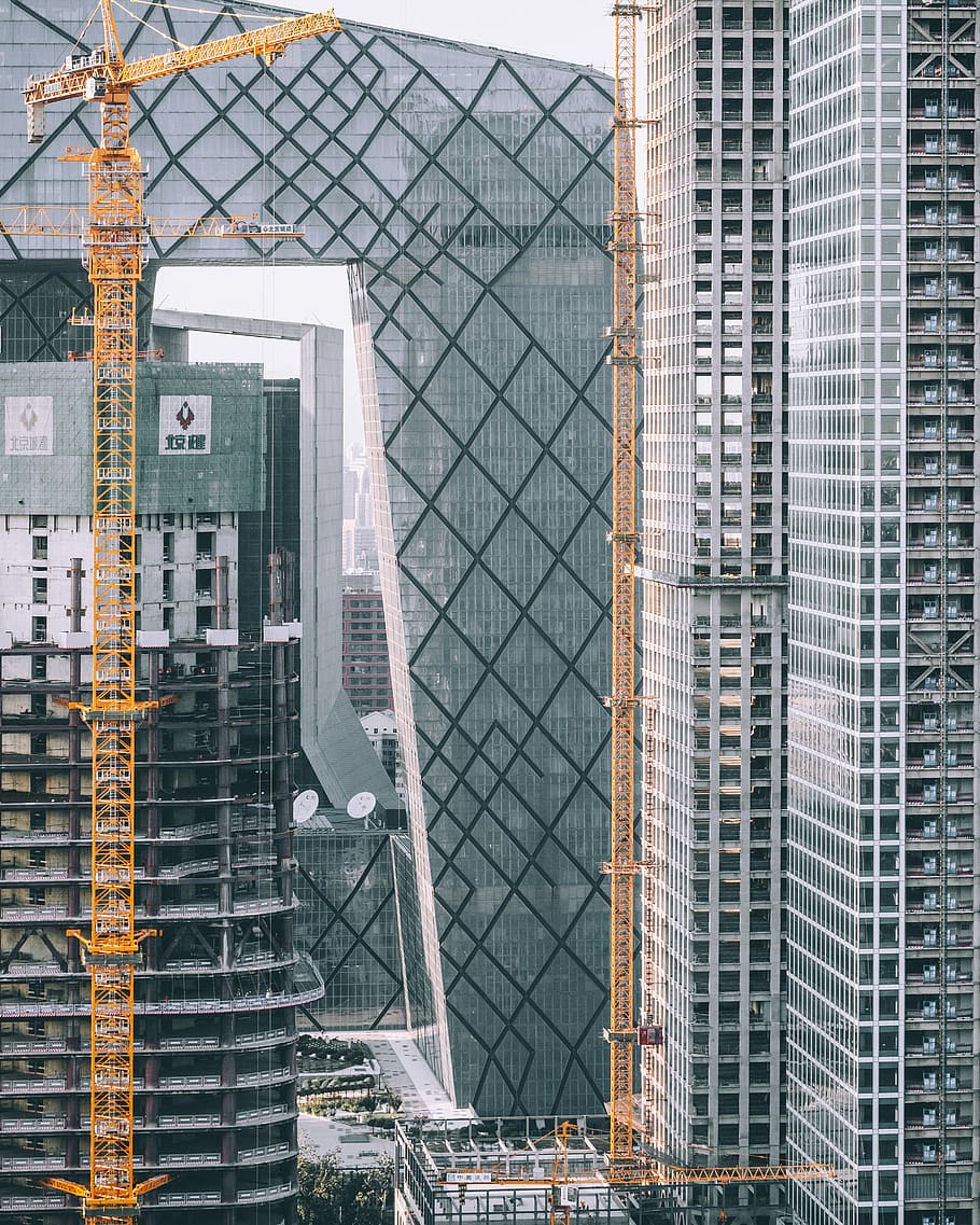 concrete building, architecture, construction, crane, tower HD wallpaper