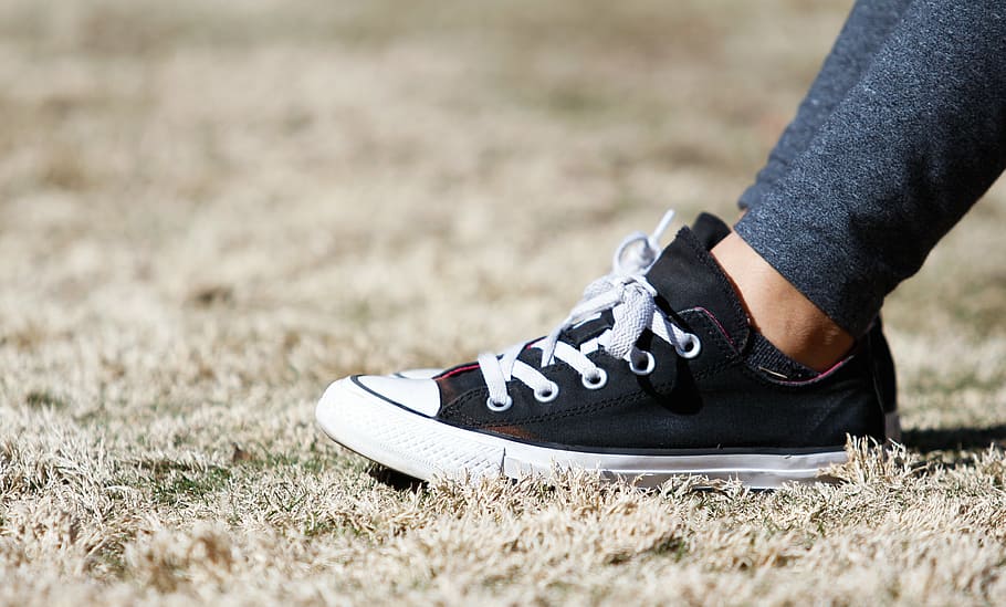 shallow focus photography of pair of black-and-white low-top sneakers, HD wallpaper