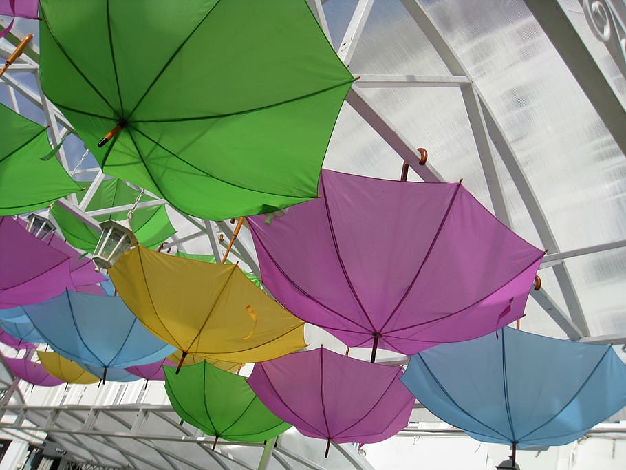 umbrellas, composition, installation, multi colored, protection HD wallpaper