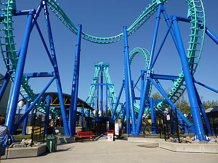teal and blue roller coaster, leisure, pleasure, dynamic, theme park HD wallpaper
