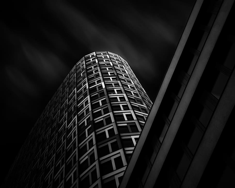 worm's eye view photography of building, grayscale low-angle photography of high-rise building HD wallpaper