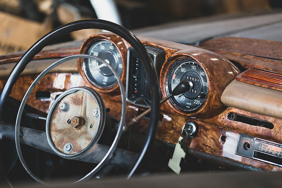black steering wheel, vintage car interior design, dashboard HD wallpaper