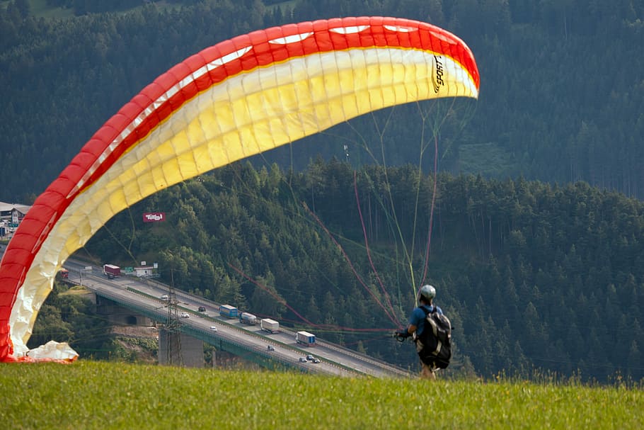 Paragliding, Mountain, Autobahn, Austria, parachute, adventure HD wallpaper