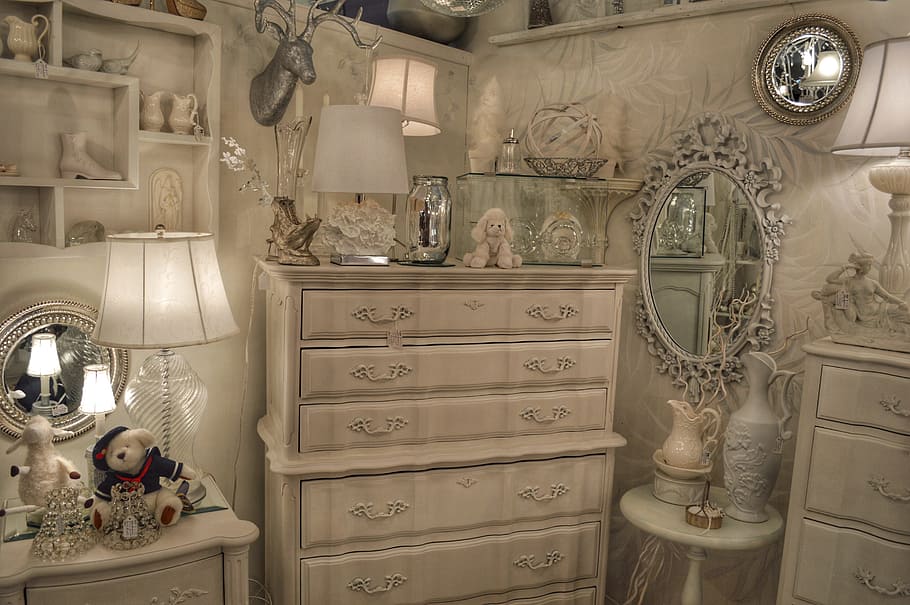 white wooden highboy dresser, decor, interior, home, room, lamps HD wallpaper