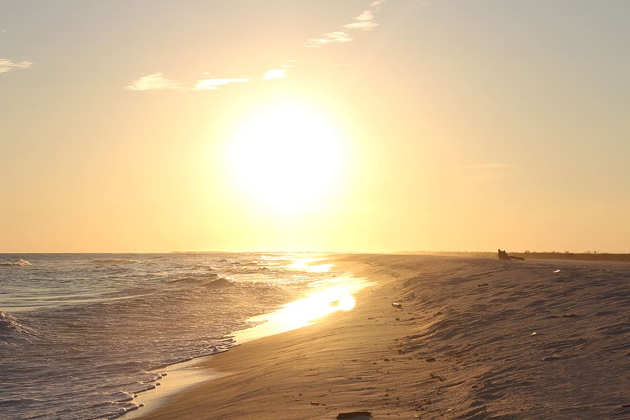 beach, sun, wave, sea, water, sky, land, scenics - nature, sunset HD wallpaper