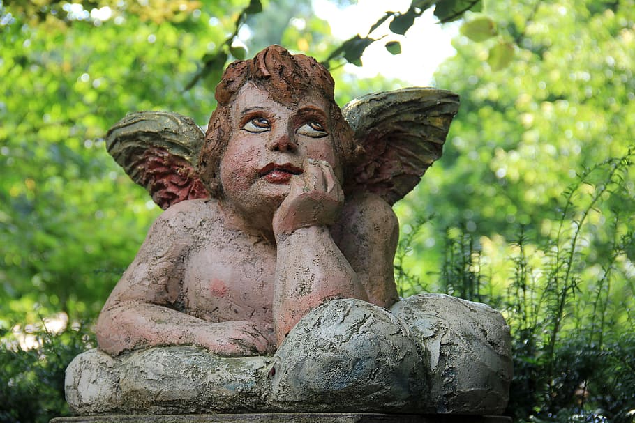 cherub statue near trees, angel, thoughtful, thinking, hope HD wallpaper