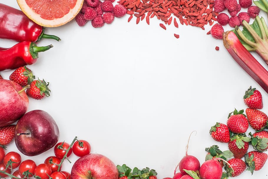 fruits and vegetables on table, red strawberry, apple, and bell pepper wallpaper HD wallpaper