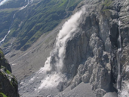 gray mountain with smoke, rock slide, eiger, alps, panoramic HD wallpaper