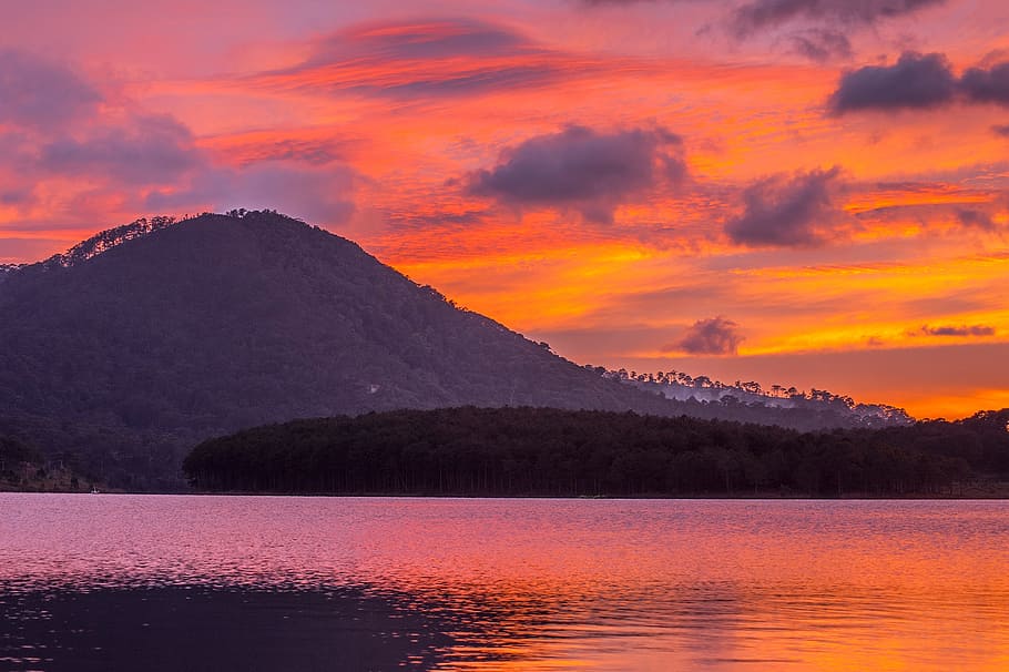 sky, orange, the cloud, sunset, the landscape, moments, water HD wallpaper