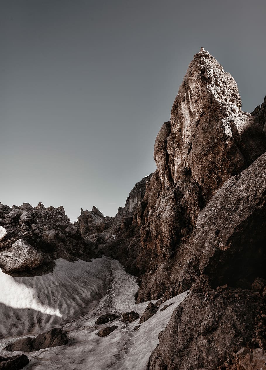 mountain and stream, gray sands under rock mountain, path, dolomite HD wallpaper