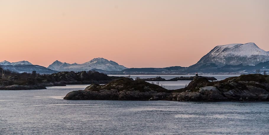 gray island surrounded by body of water, norway, coast, sunset HD wallpaper