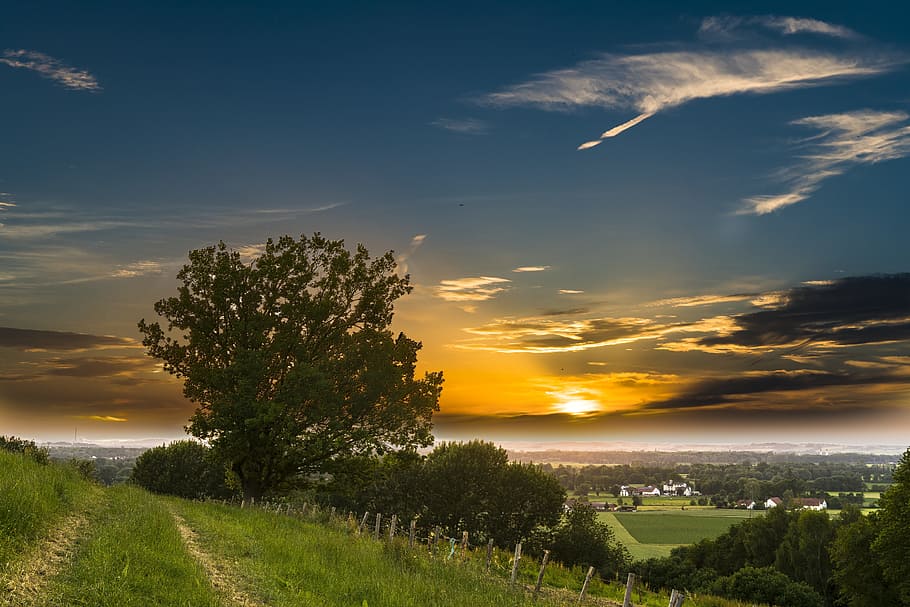 landscape photography of mountain, sunset, rural, sky, abendstimmung HD wallpaper