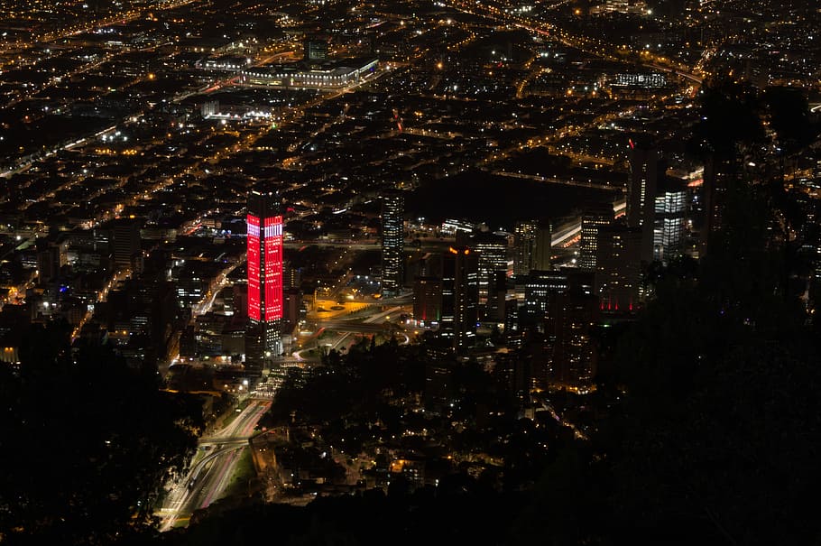 red lighted building aerial photo, aerial photography of lighted high-rise buildings HD wallpaper