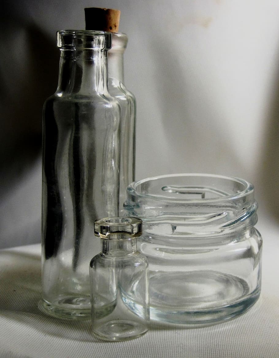 bottles, glass, clear, reflecting, varied, transparent, empty HD wallpaper