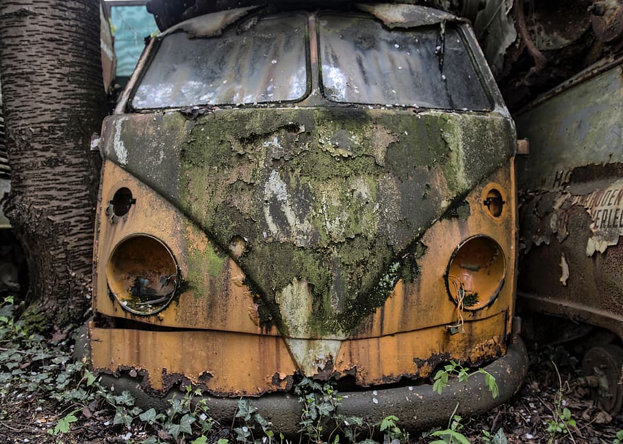 green, moss, barrel, outside, abandoned, damaged, rusty, metal HD wallpaper