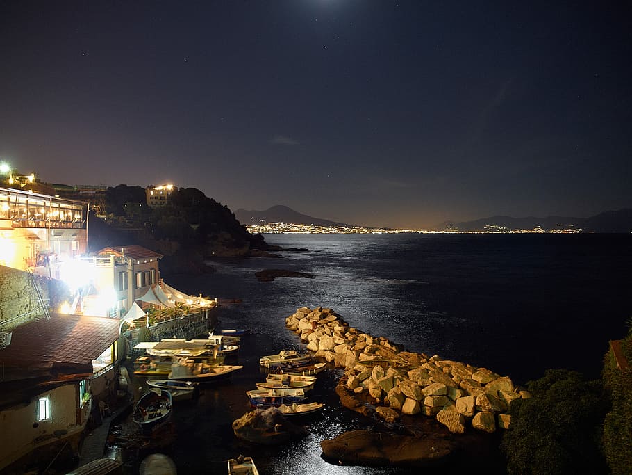 brown houses near seashore at nightime, Posillipo, Naples, water HD wallpaper