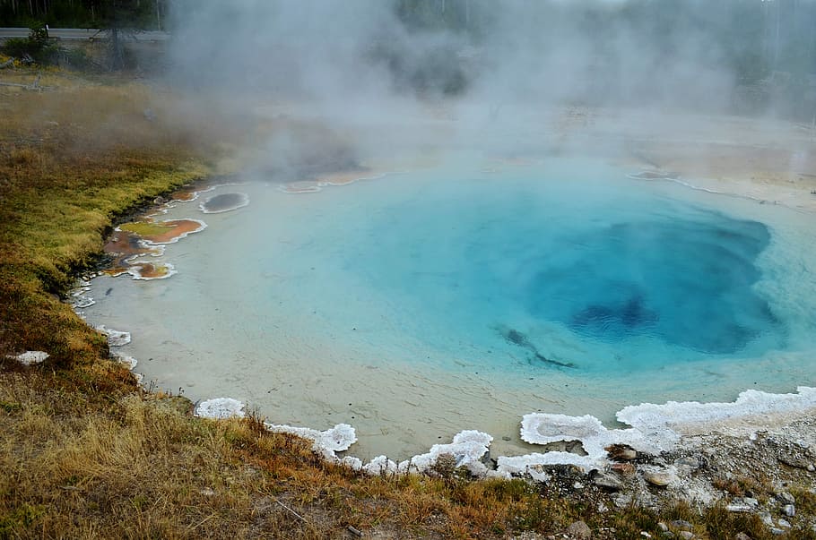 body of water surrounded by grass, Yellowstone National Park HD wallpaper