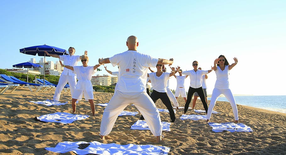 people taking martial arts, yoga, zen, fitness, practicing yoga, HD wallpaper