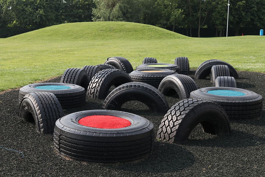 tyres, playground, fun, tire, wheel, rubber, plant, grass, no people HD wallpaper
