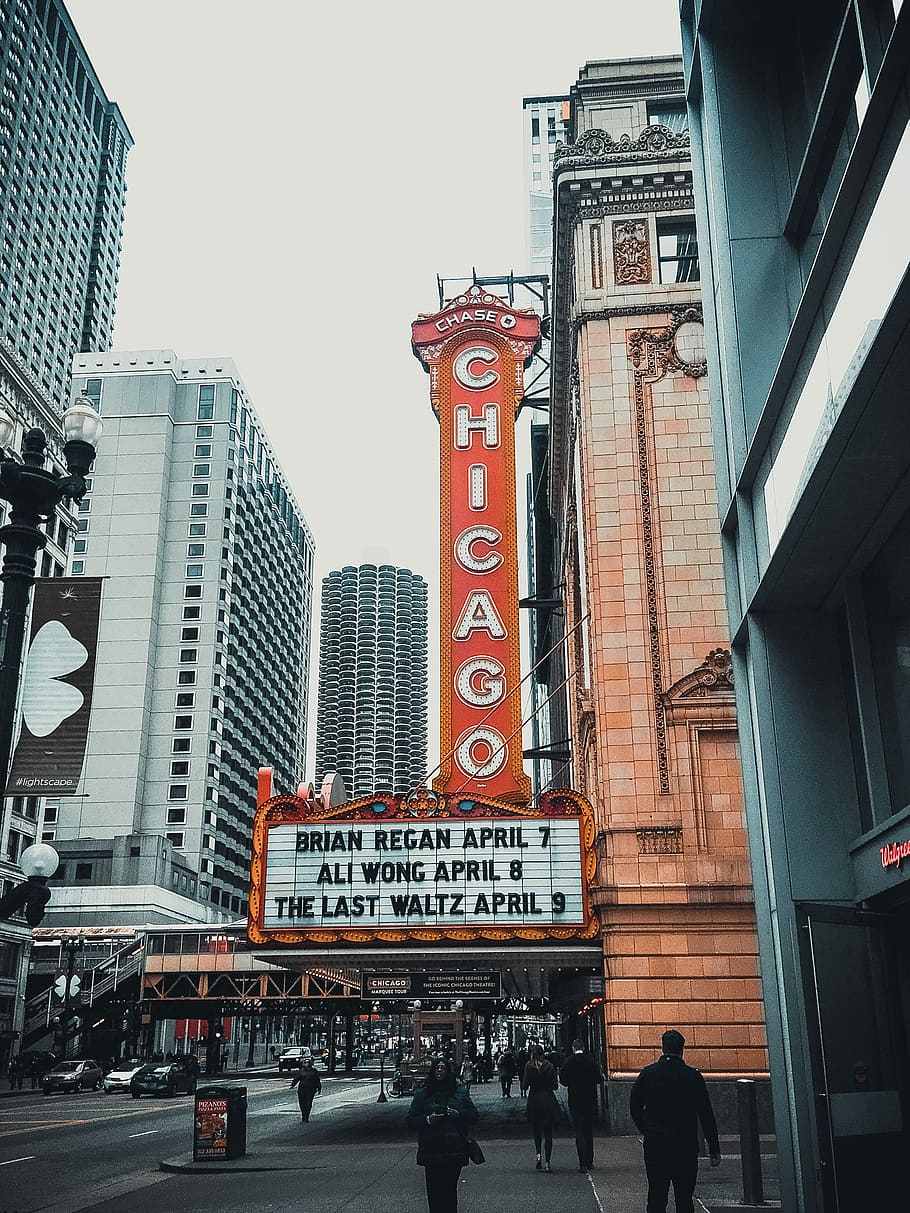 Chicago theater showing Brain Regan on April 7, people walking on streets, HD wallpaper