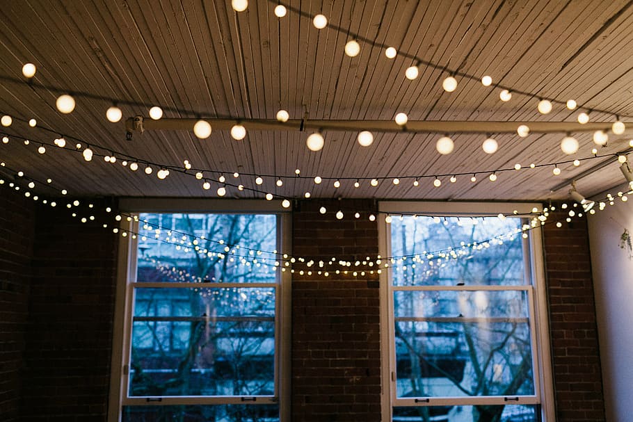 turned-on string lights near window, interior, design, ceiling HD wallpaper