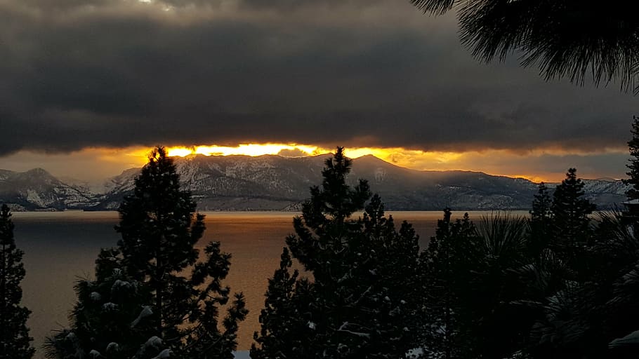 sunset, snow, lake, nature, landscape, sky, cold, mountain HD wallpaper