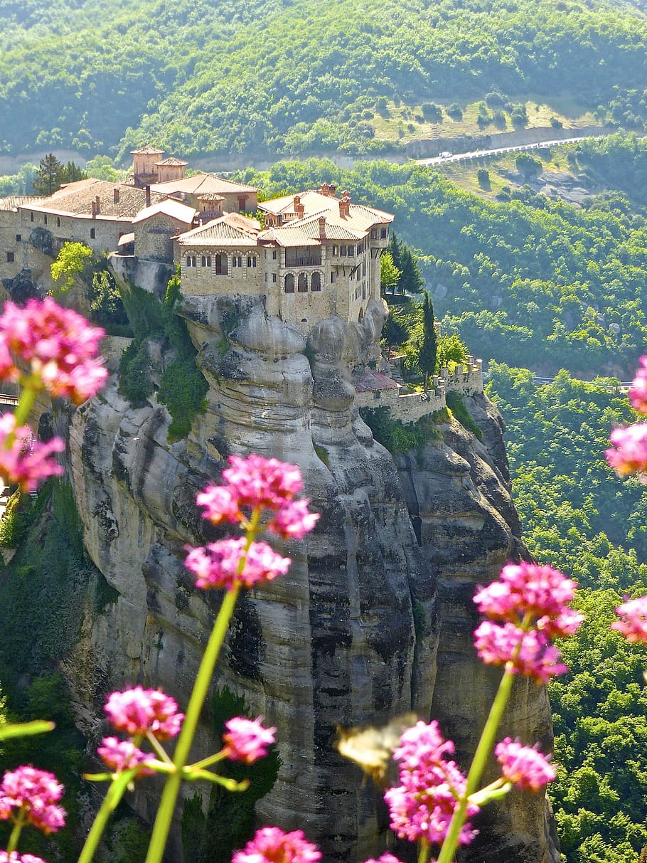 beige house on top of cliff, Meteora, Monastery, Hilltop, Buildings HD wallpaper